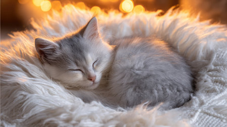 Fluffy kitten curled up in a ball, sleeping peacefully on a soft white blanket with warm lightingの素材