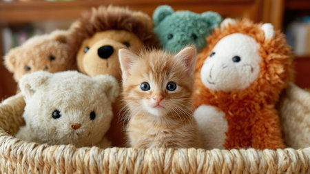 Cute kitten sitting in a basket of plush toys, blending in adorablyの素材