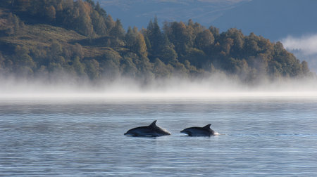 Dolphins appearing above the water's surface surrounded by morning mistの素材