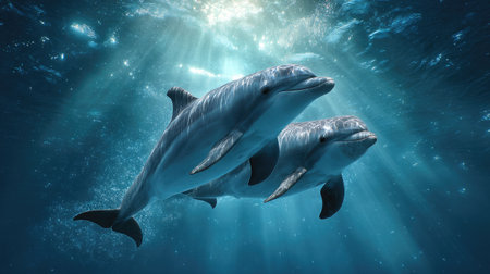 Dolphins creating playful spirals underwater with light filtering from aboveの素材
