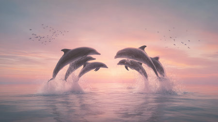 Dolphins forming heart-like shape as they leap in unison under pastel skyの素材