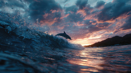 Dramatic wide shot of dolphin leaping from cresting wave during golden hourの素材