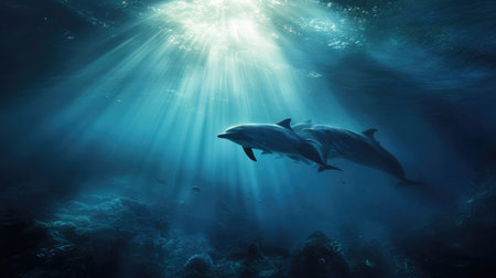 Dolphins swimming through sunbeams that penetrate the blue ocean depthsの素材