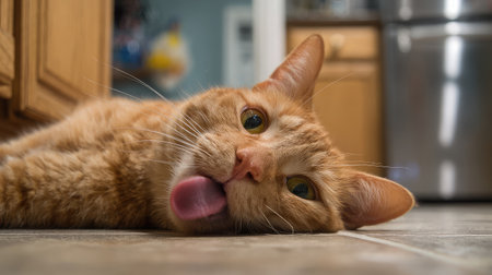 Cute cat with tongue out mid-lick in a candid moment on a tiled kitchen floorの素材