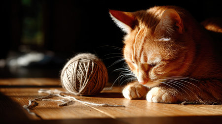 Cute orange tabby cat playing with a ball of yarn on a wooden floor with sunlight streaming inの素材