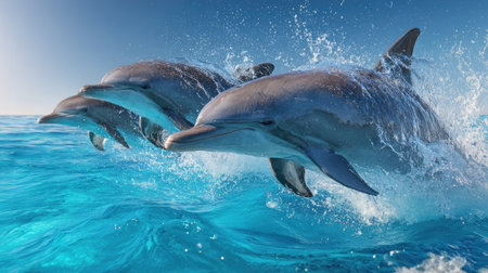 Dolphins jumping above the surface with splashes of water frozen mid-airの素材