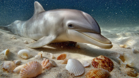 Dolphin swimming near the ocean floor with scattered seashells and soft sandの素材