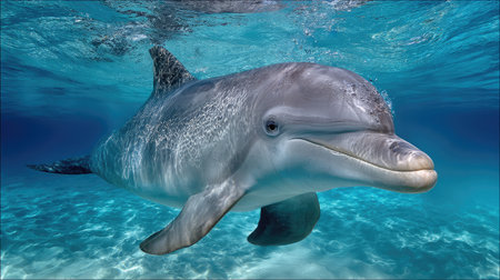 Crystal clear waters showing a dolphin's full body just beneath the surfaceの素材