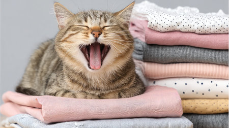 Cute cat yawning while sitting on a stack of clean laundryの素材