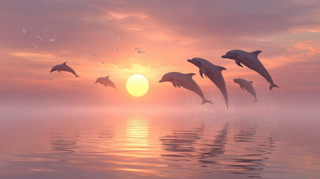 Dolphins appearing above the water's surface surrounded by morning mistの素材