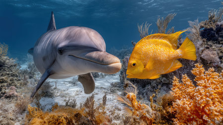 Dolphin nose-to-nose with a curious tropical fish in vibrant coral surroundingsの素材