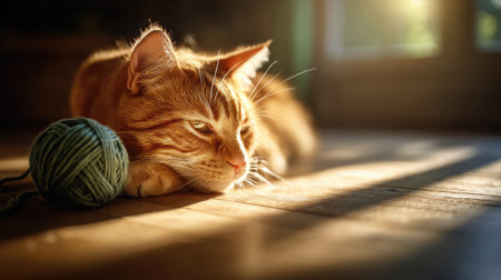 Cute orange tabby cat playing with a ball of yarn on a wooden floor with sunlight streaming inの素材