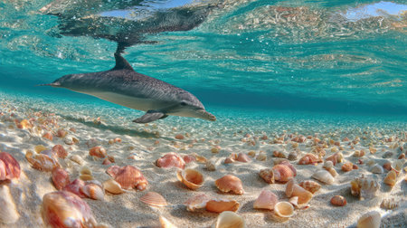 Dolphin swimming near the ocean floor with scattered seashells and soft sandの素材