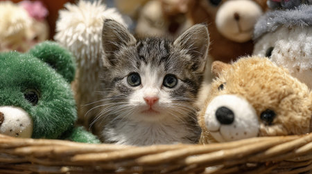 Cute kitten sitting in a basket of plush toys, blending in adorablyの素材