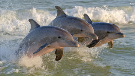 Dolphins playfully leaping in rhythm as waves crash in the backgroundの素材