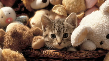 Cute kitten sitting in a basket of plush toys, blending in adorablyの素材