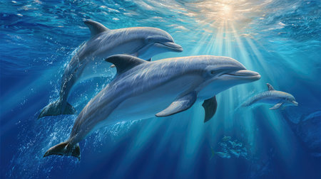 Dolphins swimming through sunbeams that penetrate the blue ocean depthsの素材