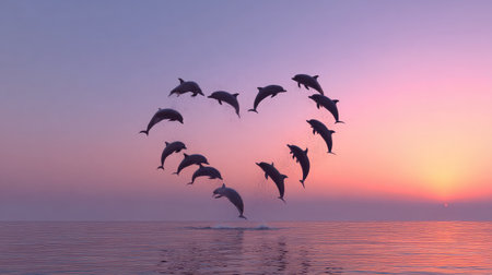 Dolphins forming heart-like shape as they leap in unison under pastel skyの素材