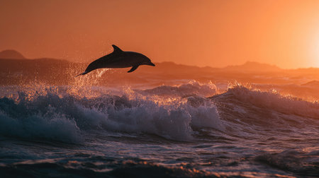 Dramatic wide shot of dolphin leaping from cresting wave during golden hourの素材