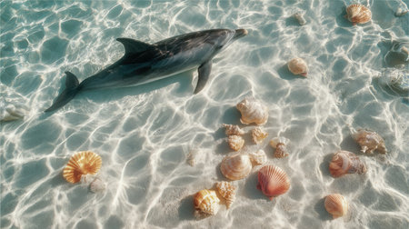 Dolphin swimming near the ocean floor with scattered seashells and soft sandの素材
