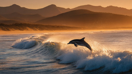 Dramatic wide shot of dolphin leaping from cresting wave during golden hourの素材