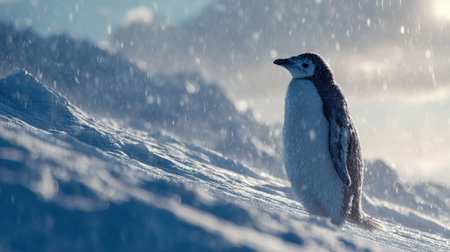 Emperor penguin standing tall on icy terrain with soft snowflakes falling gently in the backgroundの素材