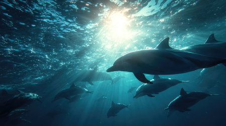 Dolphins swimming through sunbeams that penetrate the blue ocean depthsの素材