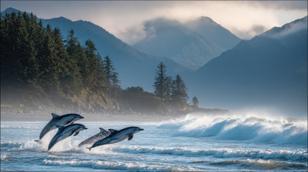 Dolphins playfully leaping in rhythm as waves crash in the backgroundの素材