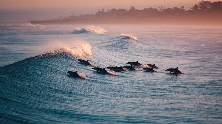 Dolphins traveling in formation beneath gentle rolling waves under soft morning lightの素材