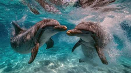 Dolphins twisting and turning playfully underwater in crystal-clear oceanの素材