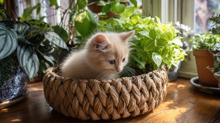 Fluffy kitten exploring a woven basket surrounded by houseplantsの素材