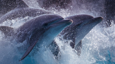 Dolphins playfully leaping in rhythm as waves crash in the backgroundの素材