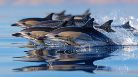 Group of dolphins creating synchronized splashes as they break the surface of a calm seaの素材