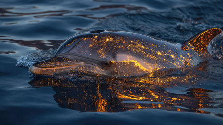 Glowing twilight reflecting off dolphin's wet skin as it breaks the ocean surfaceの素材
