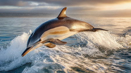 Dramatic wide shot of dolphin leaping from cresting wave during golden hourの素材