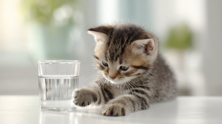 Kitten gently touching a glass of water with its paw on a clean tableの素材