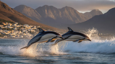 Dolphins playfully leaping in rhythm as waves crash in the backgroundの素材