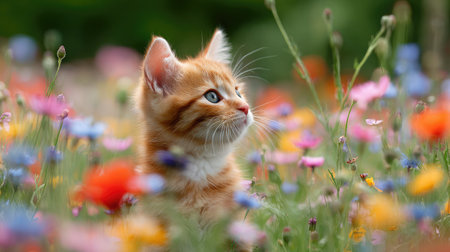 Ginger kitten in a field of wildflowers with bright colors and soft focusの素材