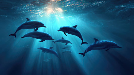 Dolphins swimming through sunbeams that penetrate the blue ocean depthsの素材