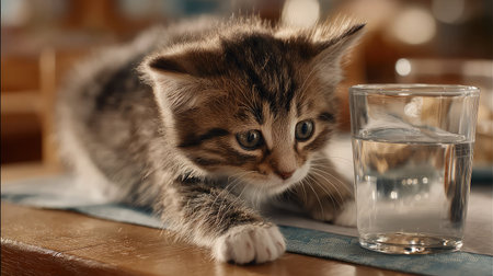 Kitten gently touching a glass of water with its paw on a clean tableの素材