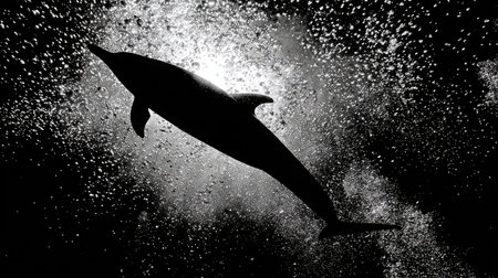 High-contrast underwater shot of dolphin cutting through the water in silhouetteの素材