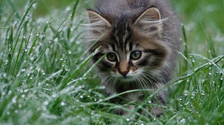 Fuzzy kitten walking through tall grass with dew drops on its furの素材