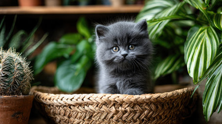 Fluffy kitten exploring a woven basket surrounded by houseplantsの素材