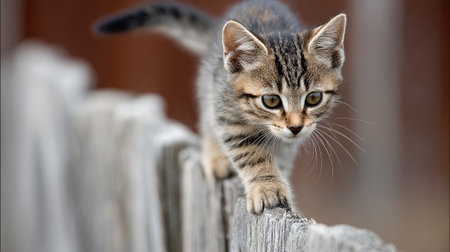 Kitten walking along a fence with cautious paws and alert earsの素材