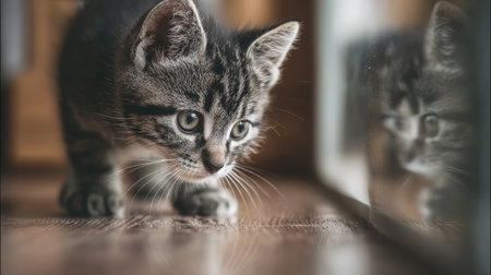Kitten staring at its reflection in a mirror on a clean bedroom floorの素材