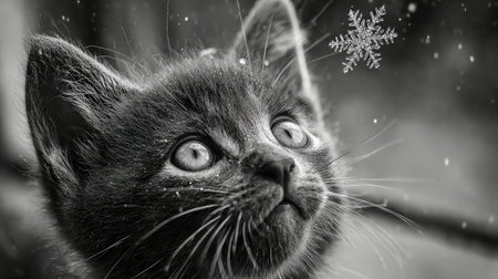 Kitten with wide eyes looking up at a snowflake falling near its noseの素材