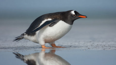Penguin's reflection on slick ice during early morning lightの素材