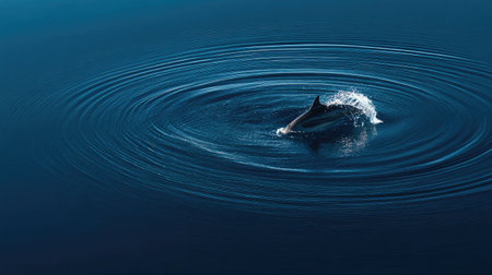 Minimalist photo of dolphin fin creating smooth ripple in endless blue oceanの素材