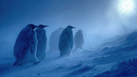 Penguins sheltering from a snowstorm, fluffed feathers visible in the cold windの素材