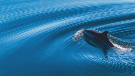 Minimalist photo of dolphin fin creating smooth ripple in endless blue oceanの素材